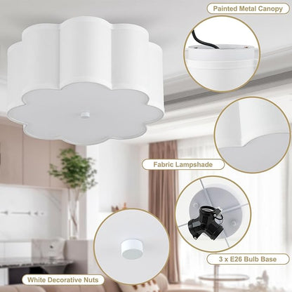13.4"Semi Flush Mount Ceiling Light Fixture, 3-Light Modern Close to Ceiling Light With Fabric Flower-Shaped Shade, Light Fixtures Ceiling Mount for Bedroom Nursery Kids Room Living Room(White)
