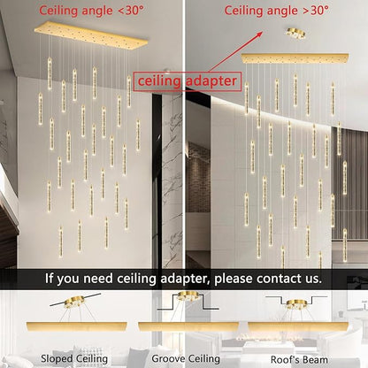 Rectangular Chandeliers 26-Lights Long Light for Entryway LED Dimmable Chandeliers Lighting Fixture Flat Sloped High Ceiling Pendant Lights Crystal for Living Room Foyer Hallway Staircase Gold