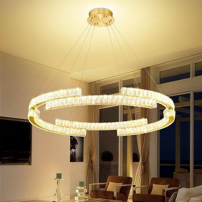 Modern Led Ring Pendant Light Dimmable Crystal Chandelier for Living Room Dining Room Adjustable 40 inch Gold