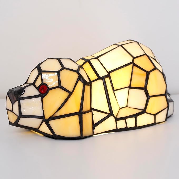 Small Tiffany Lamp Stained Glass Animal Table Lamp Mini Accent Desk Light (Amber White Dog)