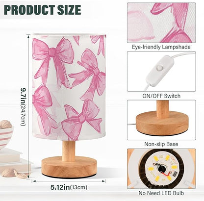 Bedside Table Lamp Pink Bow Printed Nightstand Lamp with Wood Desk Lamps for Bedroom Living Room Nursery Office Home Decor