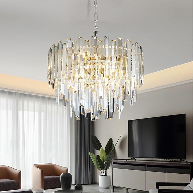Chrome Modern Top K9 Crystal Chandelier Lighting Fixture, 6 Lights Round K9 Crystal Adjustable Hanging Lamp for Dining Room Bedroom Living Room,Hallway,Bar,Kitchen W17.6