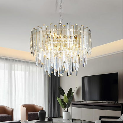 Chrome Modern Top K9 Crystal Chandelier Lighting Fixture, 6 Lights Round K9 Crystal Adjustable Hanging Lamp for Dining Room Bedroom Living Room,Hallway,Bar,Kitchen W17.6