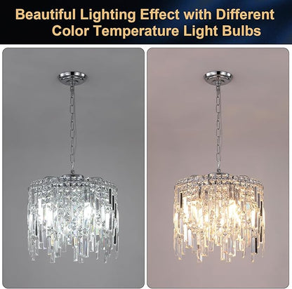 Chrome Crystal Chandelier Small Crystal Pendant Light Fixture 16" Raindrop Flush Mount Hanging Chandelier with Adjustable Chain K9 Crystals 2 Tiers for Kitchen Island Dining Room Bedroom Hallway