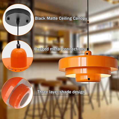 Mid Century Pendant Light Fixtures Orange Ceiling Pendant Lighting 3-Layer Metal Shade Design Vintage Hanging Light Flush Mount Light for Kitchen Island Dining Table Hallway (Orange)