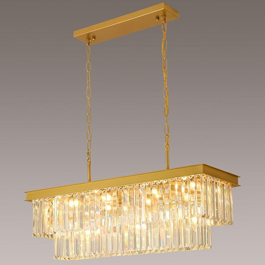 Weesalife Crystal Chandeliers for Dining Room Light Fixtures Over Table，11-Lights Gold Modern Rectangle Chandeliers for Kitchen Island Bar L33.5 Inch