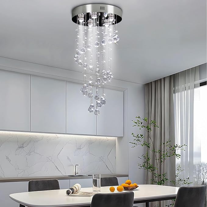FRIXCHUR Spiral Crystal Chandelier Modern Raindrop Flush Mount Pendant Light for High Ceilings 5-Lights K9 Crystal Ball Chandeliers for Dining Room Kitchen Hallay D15.7 * H35.4