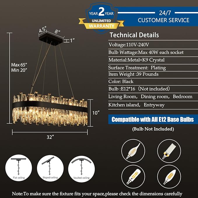 Weesalife Black Crystal Chandeliers for Dining Room Lights Fixtures Over Table, 16 Lights Modern Rectangle 2-Tier Chandeliers for Kitchen Island Bar L32 Inch