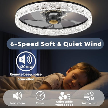 Fszdorj 20'' Ceiling Fan with Light, Upgraded Low Profile Fan, Flush Mount Ceiling Fan, 6 Speeds, Dimmable LED, App & Remote Control, Quiet DC Motor, for Bedroom, Living Room, F098 Black