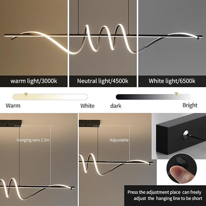 Modern Ceiling Chandelier Light, Acrylic Anti Flicker Pendant Lamp with Remote Control Dimmable 3 Color Mode & Brightness (Warm Cool Neutral Light) for Kitchen Bar（Black,57IN