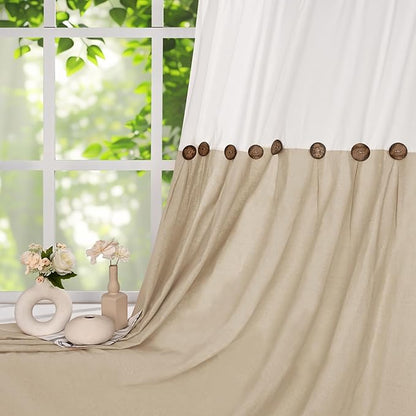 FRAMICS Farmhouse Cotton Linen Curtains for Living Room, Boho Button Curtains 63 inch Length, Rustic Country Linen Window Curtains for Bedroom, Rod Pocket Drapes, 52 x 63 Inch, White and Linen