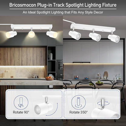 Plug-in Track Lighting LED, Track Light Fixtures Ceiling, White 3-Light Ceiling Lights for Kitchen, 3 Way Spotlight with Cord, Rotatable Wall Mount Light Head for Bedroom Hallway, Bulb Not Included
