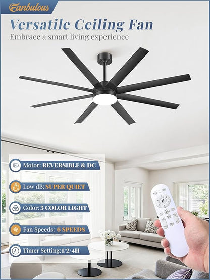 Fanbulous 65 Inch Large Ceiling Fans with Lights, Black Ceiling Fan with Remote Control, Dimmable, 3CCT, Quiet, Modern Ceiling fan For Living Room, Bedroom, Kitchen, Patio, Outdoor