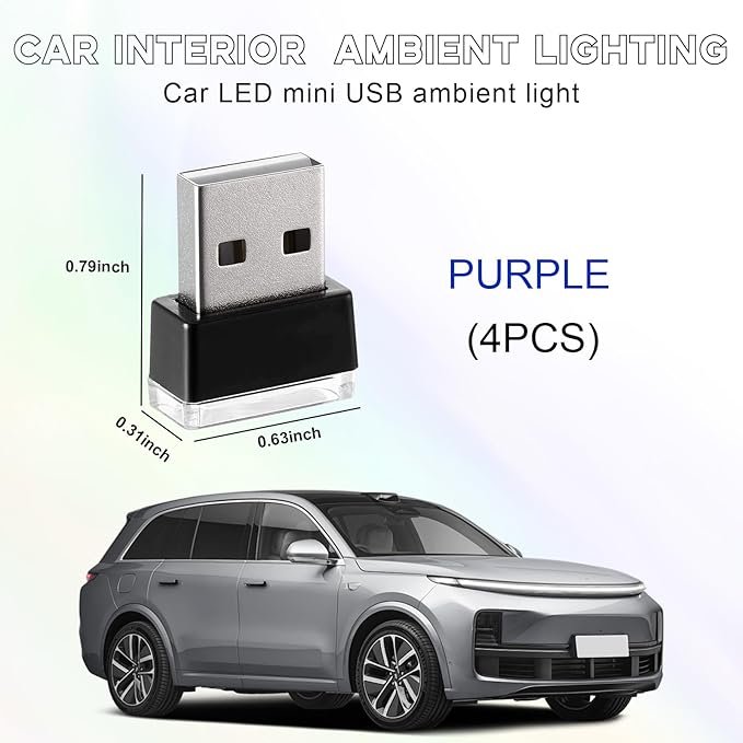 4 PCS USB LED Car Interior Atmosphere Lamp, Portable Mini LED Night Light, Plug-in USB Interface Trunk Ambient Lighting Kit, Universal Interior Car Accessories (Purple)