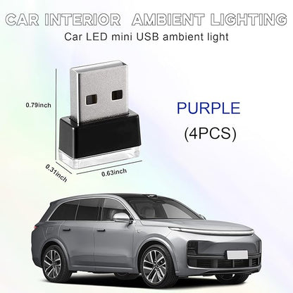 4 PCS USB LED Car Interior Atmosphere Lamp, Portable Mini LED Night Light, Plug-in USB Interface Trunk Ambient Lighting Kit, Universal Interior Car Accessories (Purple)