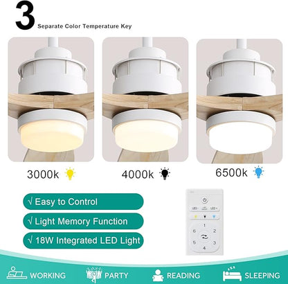 Sofucor 60 inch Ceiling Fan with Lights, Mordern Large LED Ceiling Fan with Remote, 3 Light Wood Blades and 3 White Downrods, for Indoor Living Room Bedroom Outdoor Patio Porch, Reversible DC Motor
