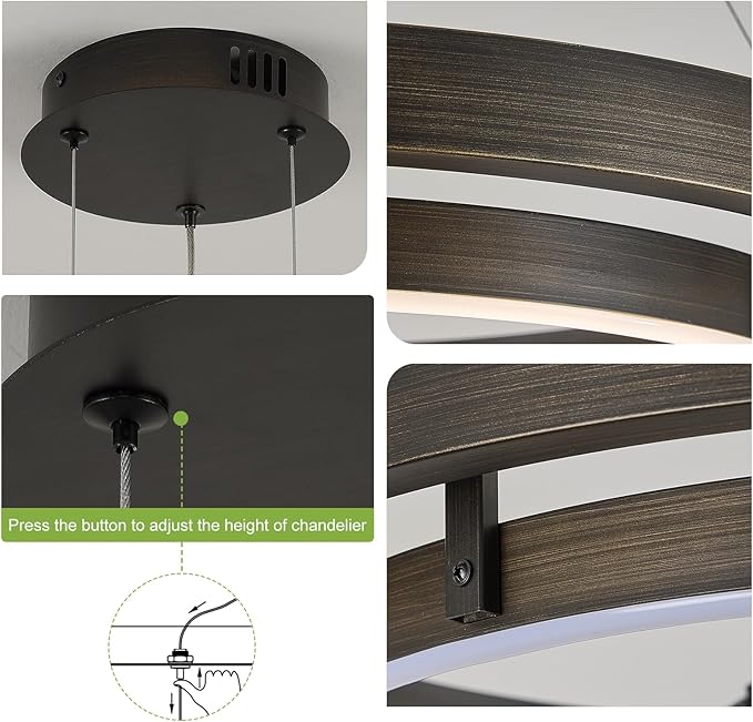 Benkut Modern LED Chandelier Vintage Black Brown Dimmable Circular LED Pendant Light with Remote Ring Chandelier Dining Room Light Fixtures for Kitchen Island Living Room Entryway, D23.6