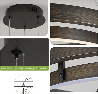 Benkut Modern LED Chandelier Vintage Black Brown Dimmable Circular LED Pendant Light with Remote Ring Chandelier Dining Room Light Fixtures for Kitchen Island Living Room Entryway, D23.6