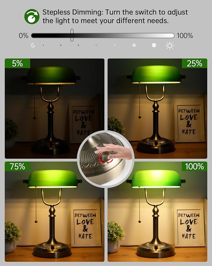 Green Glass Bankers Desk Lamp, Stepless Dimmable Table Lamp Plug in Fixture for Study, Office, LED Bulb Included