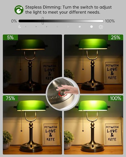 Green Glass Bankers Desk Lamp, Stepless Dimmable Table Lamp Plug in Fixture for Study, Office, LED Bulb Included