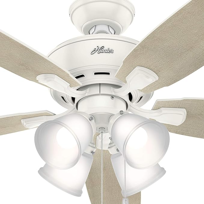 Hunter 52 inch Indoor Ceiling Fan with LED Lights - White Ceiling Fan with Pull Chain, For Bedroom or Living Room, Standard Mount, No Remote, 5 Blades, Includes Bulbs - Amberlin 53217, Fresh White
