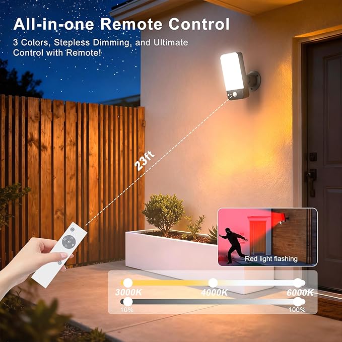 Motion Sensor Outdoor Light, 10000mAh Rechargeable Battery Operated Outdoor Light with 3 Modes, 3000-6000K Dimmable IP65 Waterproof Security Lights for House, Fences, Porches, Garden (1, Black)