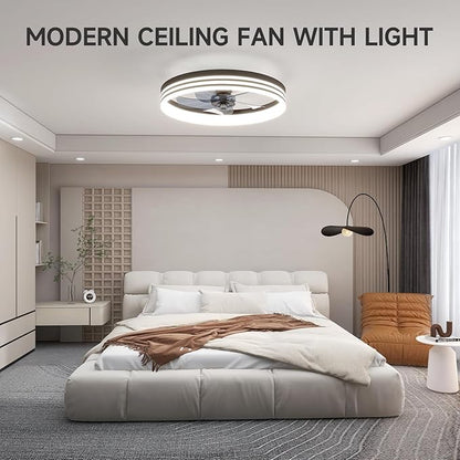 VOLISUN Low Profile Ceiling Fans with Lights and Remote, 19.7in Flush Mount Ceiling Fan with Light, 3000K-6500K Dimmable Fandelier LED Fan Light, Black Bladeless Ceiling Fans with Lights for Bedroom