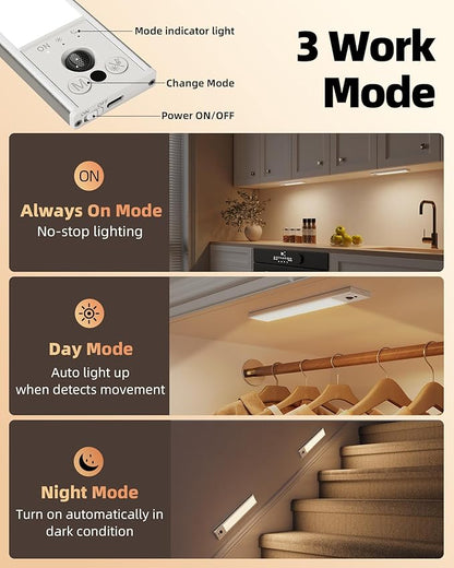 EZVALO 10inch Under Cabinet Lighting, Rechargeable Motion Sensor Light Indoor with 3 Color Temperatures, Dimmable & Magnetic Closet Lights, Wireless Under Counter Lights for Kitchen, Stairs (2 Pack)