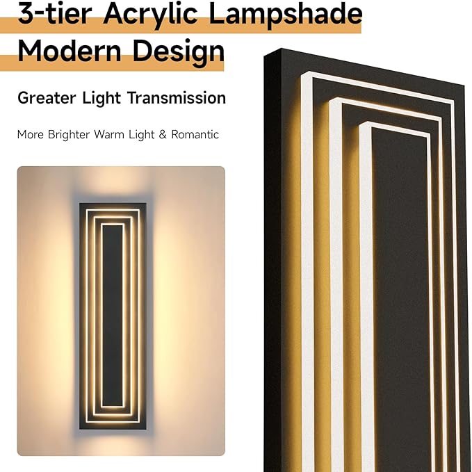23.6 in Long Outdoor Wall Lights,3-Tier Large Exterior Lighting Fixtures,LED Front Porch Lights,Waterproof Outdoor Garage Lights,3000K Warm White Modern Acrylic Wall Sconce,36W,2 Packs