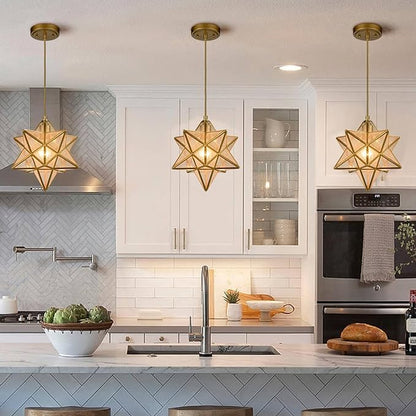 DAYCENT Brass Moravian Star Light in Seeded Glass Pendant Lights Fixture, 11-in