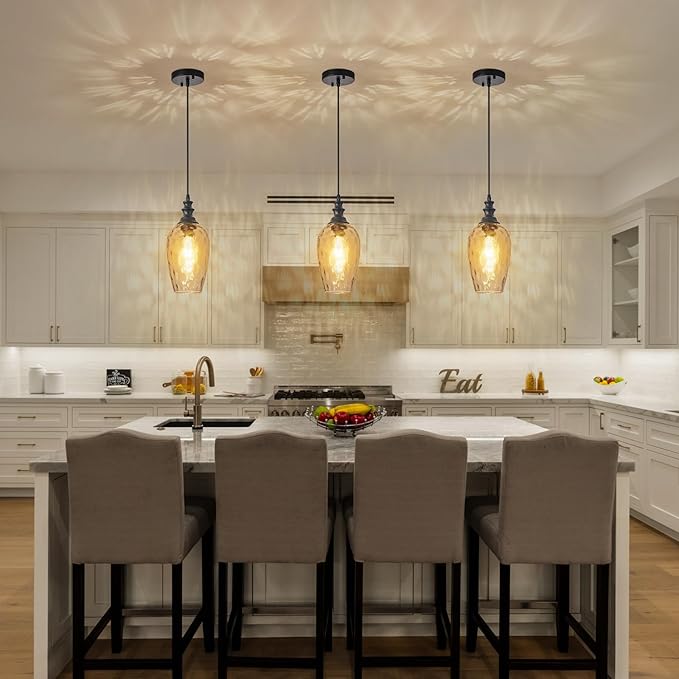 Glass Pendant Lights for Kitchen Island 2 Pack, E26 Modern Black Pendant Light Fixtures with Hand Blown Glass, Adjustable Farmhouse Hanging Light for Dining Room, Entryway & Over Sink Lighting