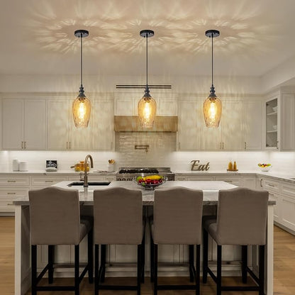Glass Pendant Lights Kitchen Island Hanging Lighting Fixtures, Transparent Water Ripple Glass Lamp Shade Farmhouse Pendant Light Fixtures, Black Pendant Light for Kitchen, Sink, Dining Room