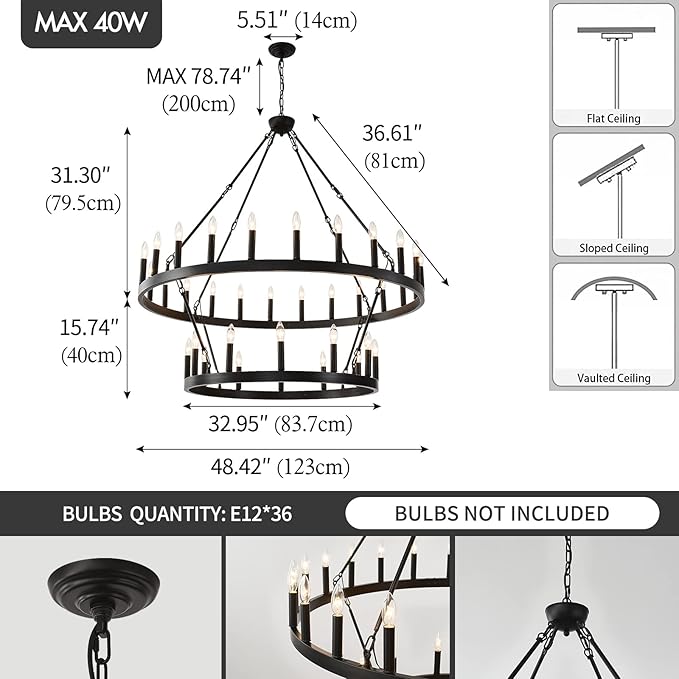 HHR 48 Inch 2 Tier Wagon Wheel Chandelier, 36-Light Extra Large Black Round Chandelier, Rustic Farmhouse Light Fixture for High Ceilings, Dining Room Living Room Foyer Entryway