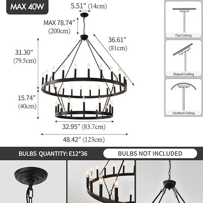 HHR 48 Inch 2 Tier Wagon Wheel Chandelier, 36-Light Extra Large Black Round Chandelier, Rustic Farmhouse Light Fixture for High Ceilings, Dining Room Living Room Foyer Entryway