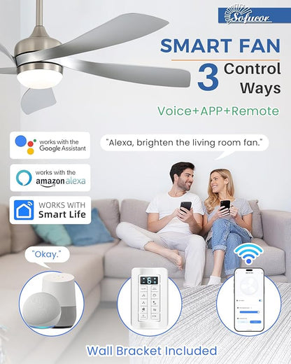 Sofucor 52" Smart Ceiling Fan, Indoor/Outdoor Ceiling Fans with Lights and Remote, Compatible with Alexa/Google/App, 3-Color Light 6-Speed Timing Reversible DC Motor for Bedroom Living Room Patio