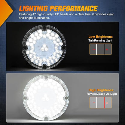 Nilight Tail Light 2PCS 7Inch Round 47 LED White with Inner Reflex Lens Marker Clearance Reverse Backup Running Taillight IP67 Waterproof for Trailer Truck Pickup Camper RV BUS