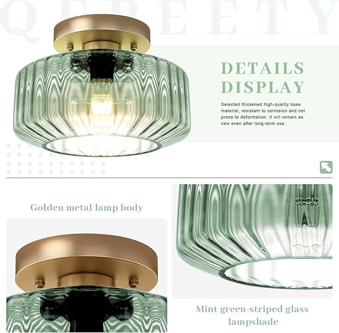 Sage Green Ribbed Glass Semi-Flush Mount Ceiling Light, 8.66" Mid-Century Modern Gold Light Fixture, E26 Base 1-Light Ceiling Lamp for Bedroom Bathroom Kitchen Hallway