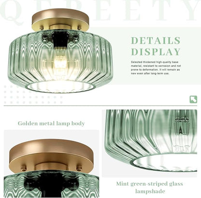 Sage Green Ribbed Glass Semi-Flush Mount Ceiling Light, 8.66" Mid-Century Modern Gold Light Fixture, E26 Base 1-Light Ceiling Lamp for Bedroom Bathroom Kitchen Hallway