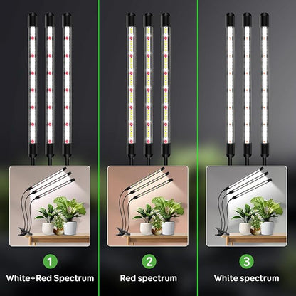 SDOVUERC Tri-Head Clip Grow Light for Indoor Plants, Full Spectrum with 6/12/18H Timer, 5 Dimmable Levels, 3 Spectrum Modes & 360° Gooseneck for Seedlings, Houseplants, Succulents