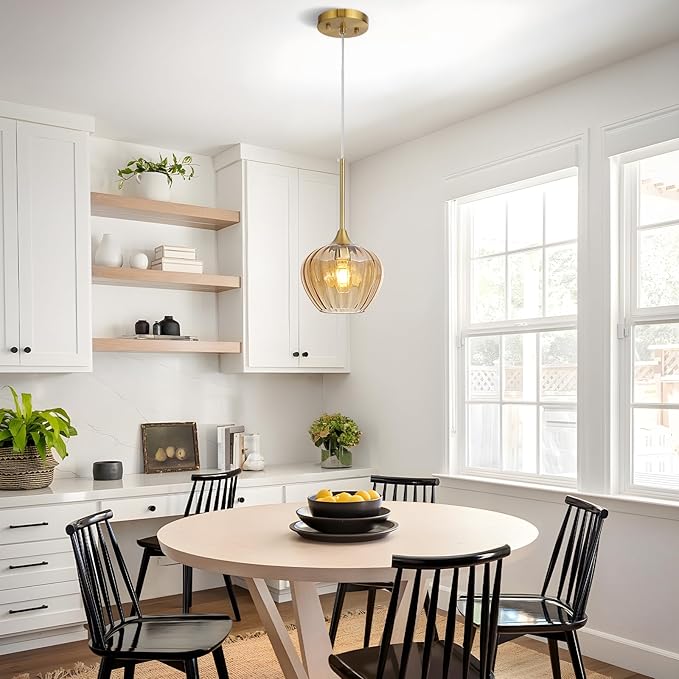 7 Inch Amber Glass Pendant Lights Kitchen Island, Modern Adjustable Pendant Light Fixtures Vintage Gold Ceiling Hanging Lamp for Dining Room Bathroom Bedroom