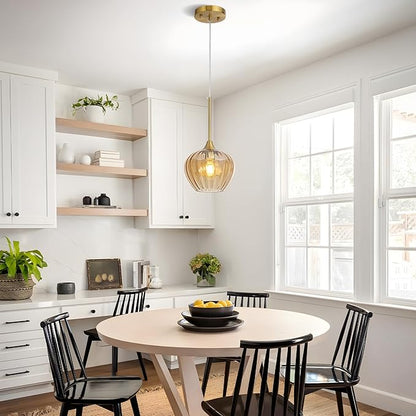 7 Inch Amber Glass Pendant Lights Kitchen Island, Modern Adjustable Pendant Light Fixtures Vintage Gold Ceiling Hanging Lamp for Dining Room Bathroom Bedroom