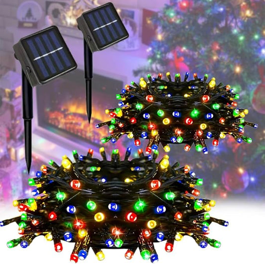 2 Pack Solar String Lights Outdoor, Total 100 LED Each 20Ft with 8 Lighting Modes for Yard, Fence,Balcony, Party,Christmas Tree Decorations (Mulit-Color Light)
