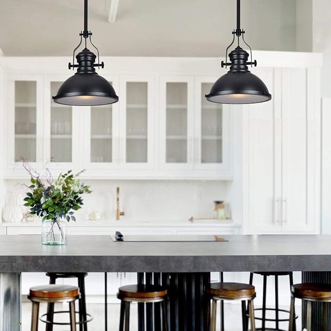 12 Inch Industrial Pendant Light with Diffuser, Vintage Hanging Fixture for Kitchen Island, Dining Room, Farmhouse, Bar, Cafe, Dimmable Rustic Ceiling Lamp (Black, 2 Pack)