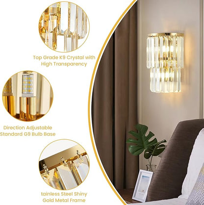 Siljoy 2-Lights Modern Crystal Wall Light, 2-Tiers Crystal Bedside Wall Mount Lighting Fixture, Mirror Gold Stainless Steel K9 Crystal Wall Sconce for Bedroom Living Room Hallway H10'' x L8''