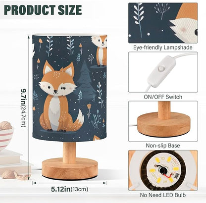 Bedside Lamp Cute Fox Animal Table Lamp with USB Port Wood Base for Living