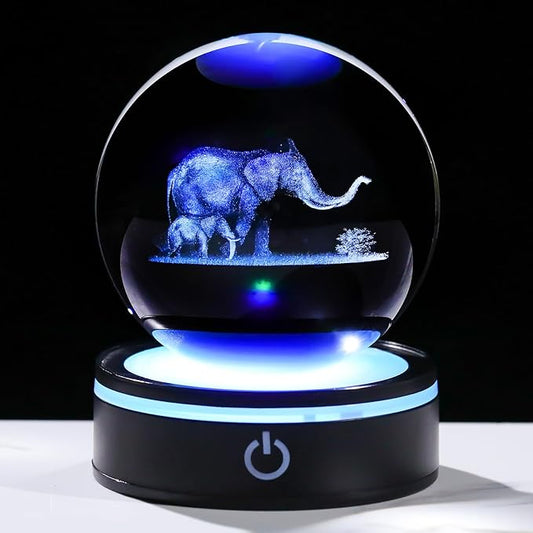 YWHL 3D Elephant Crystal Ball Figurine with Colorful Light Base, Elephant Gifts for Mom Women Men Elephants Lovers, Decorative Elephants Ball Glass Animal Globe Night Light for Home Decor (80mm)