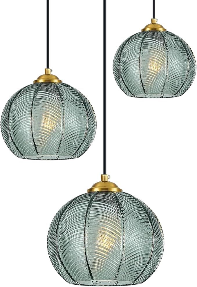 Mint Green Glass Chandelier, 3 Light Pendant Light Fixtures Kitchen Island Lighting Century Modern Kitchen Island Pendant Lighting Hanging Lights Multi Light Cluster Pendant Lighting（Without Bulb）