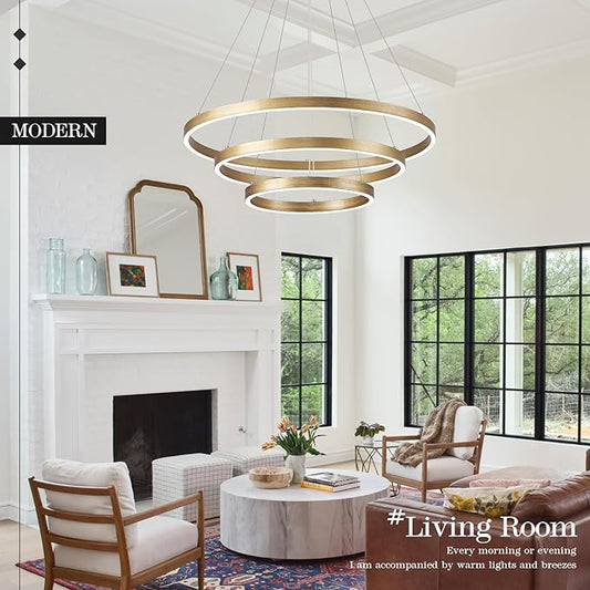 LED 3-Ring Chandelier Gold Dimmable Modern Pendant Light with Remote Control Vintage Brass LED Circle Chandelier for Dining Room Entry Foyer Bedroom Living Room,75W