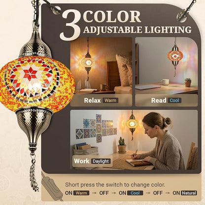 Turkish Moroccan Mosaic Pendant Light - Handcrafted Tiffany Style Swag Lamp with 15ft Cord, Vintage Glass Ceiling Fixture for Mediterranean Decor (Red1)