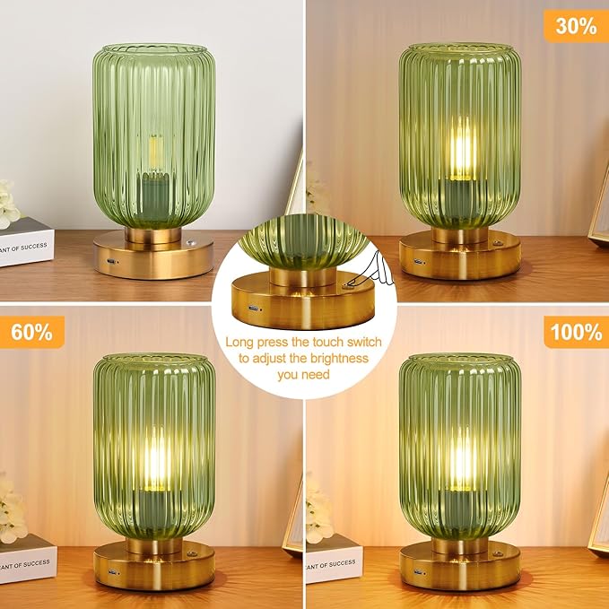 LightRound Cordless Table Lamp for Bedroom, 7500mAh Rechargeable Battery Operated Lamp, Modern Touch Dimmable Wireless Lamp Gold Base Green Glass Shade for Living Room, Desk, Led Bulb Included